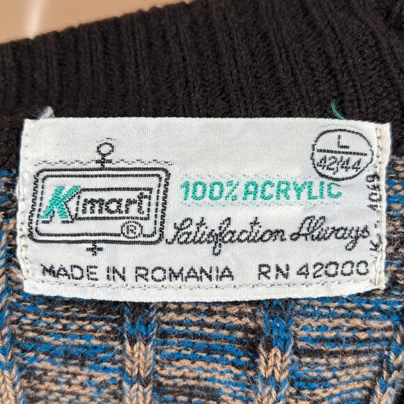 Vintage 80s Kmart Men's Large Blue Brown Marled Ribbed Knit Crew Neck Sweater - Picture 6 of 8